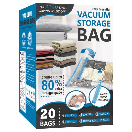 20 Pack Vacuum Storage Bags Space Saver Bags 4 Jumbo 4 Large 4 Medium 4 Small 4 Roll Compression Storage Bags for Comforters and Blankets Vacuum Sealer Bags for Clothes Storage Hand Pump Included Mich...